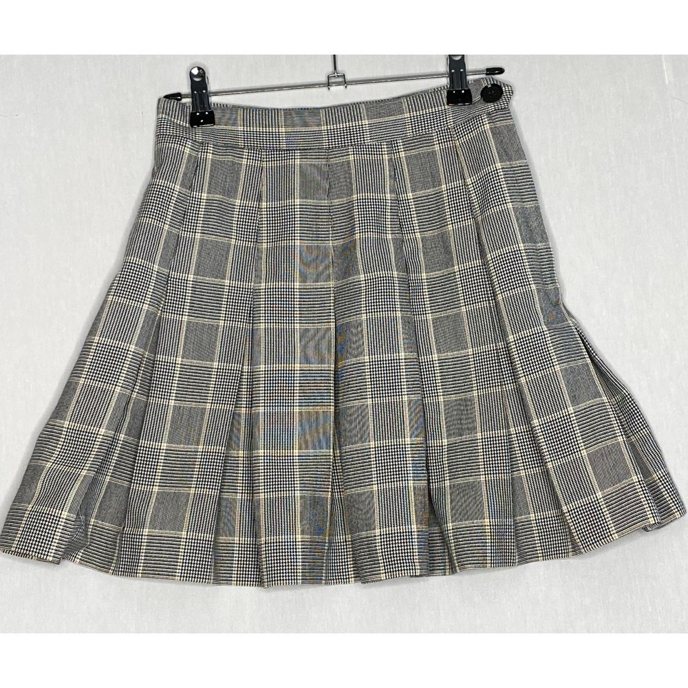 💎Flynn O'Hara School Girl Skirt XS Black Gold White Glen Plaid Box Pleats